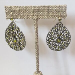 1928 French Hook Teardrop Filigree Earrings Web Design Green & Silver